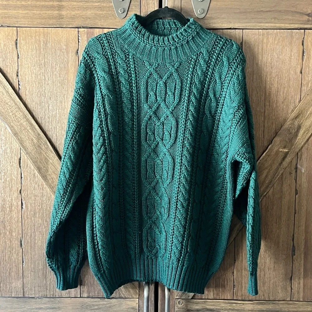 Casual Corner Vintage Forest Green Cable Knit Mock Turtleneck Sweater Size M EUC